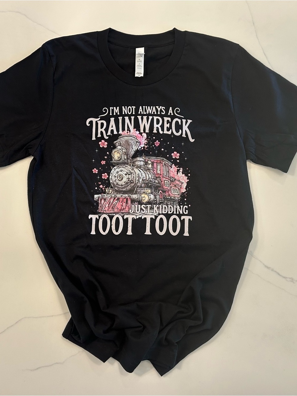 Bella Canvas Black Tee with Pink & White Train Graphic